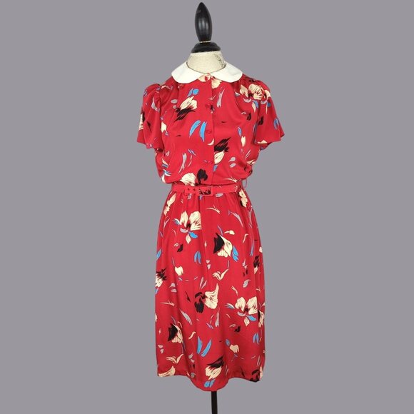 Vintage John Richard Red Dress 6 Small Floral Midi - Picture 1 of 10